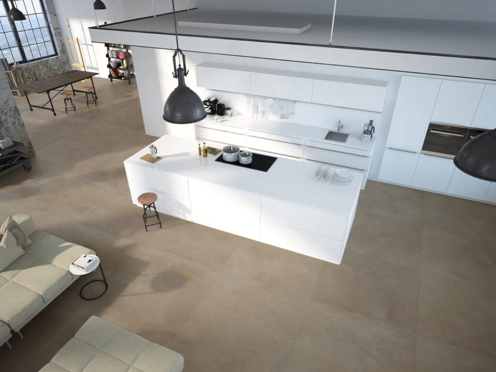 Cozinha integrada com porcelanato Barcelona Bloc acetinado 84x84, aspecto cimenticio