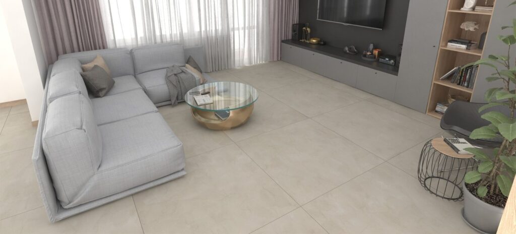 Sala de estar com porcelanato Piazza Avena acetinado 120x120, cimento espatulado bege